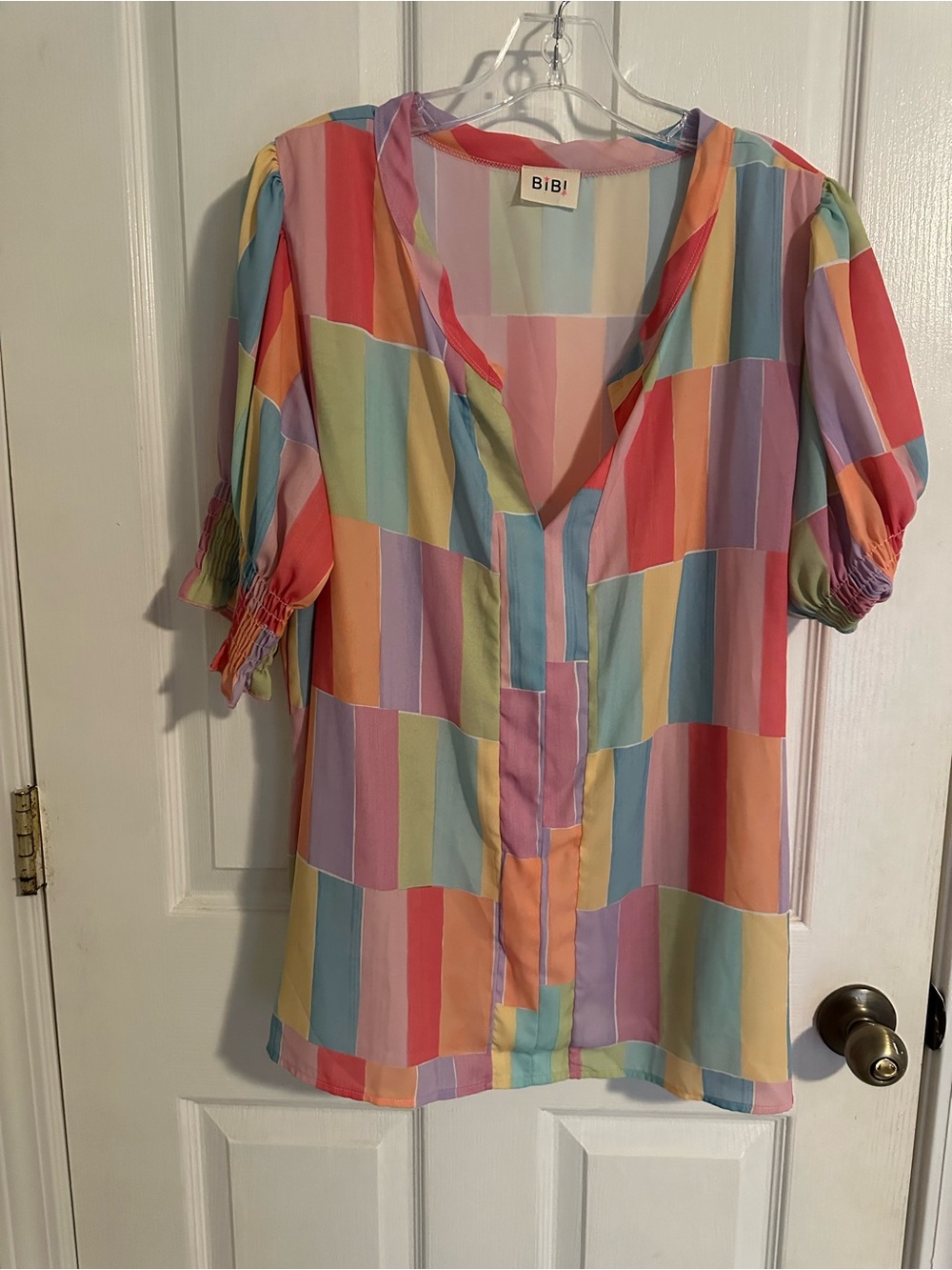 BiBi Pastel Multi-Stripe V-Neck Blouse